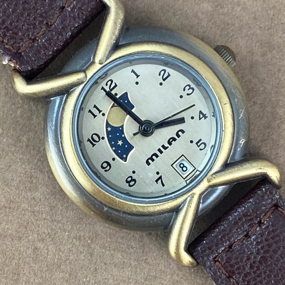 Vintage Milan Moon Phase Quartz Watch Antique Gold Finish Brown Braided Strap - Picture 3 of 8